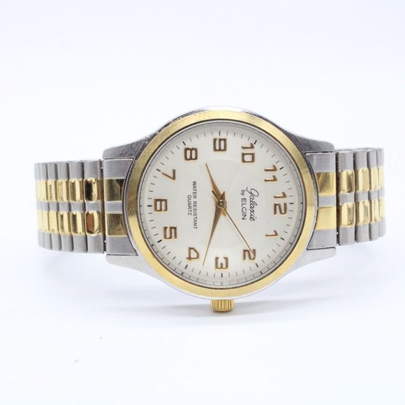 Galaxie By Elgin Watch Mens Steel 37mm Gold Silver Tone Round Stretch Band - Picture 5 of 8